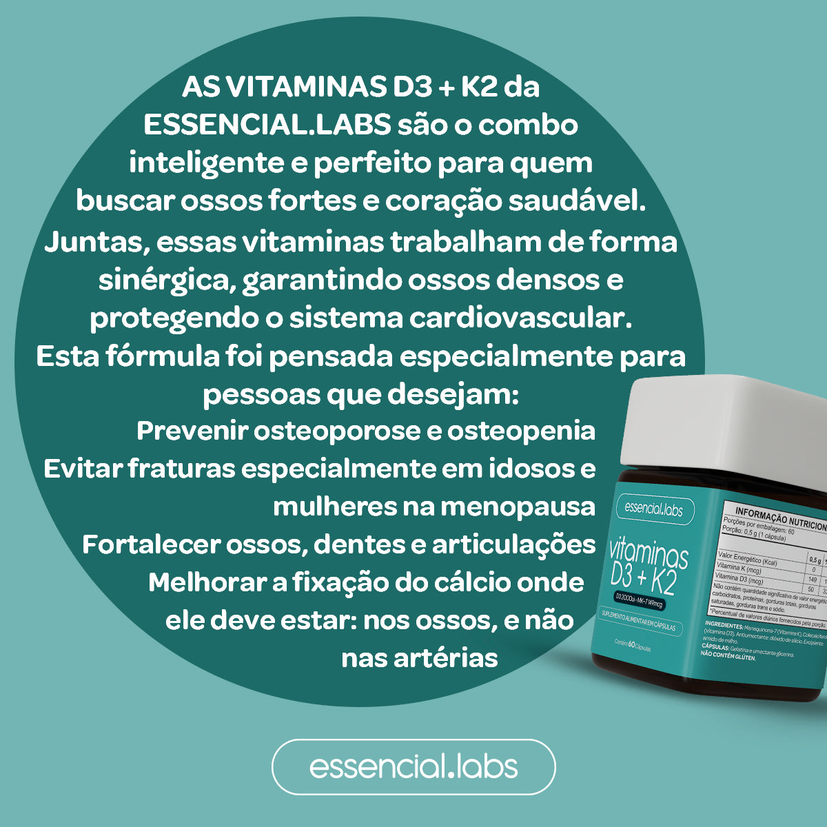 Vitaminas D3 + K2 - Essencial Labs - 60 cápsulas