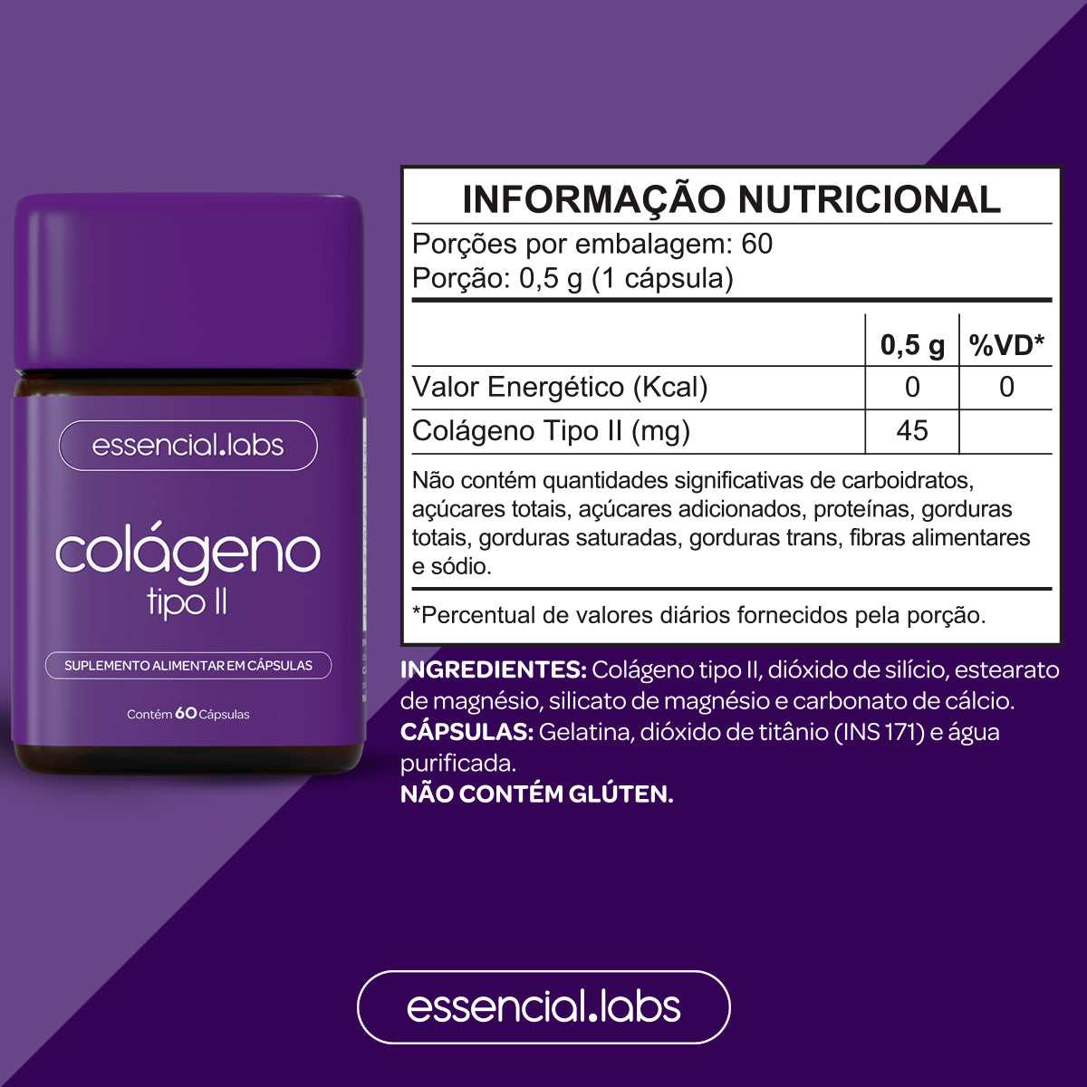 Colágeno Tipo II - Essencial Labs - 60 cápsulas