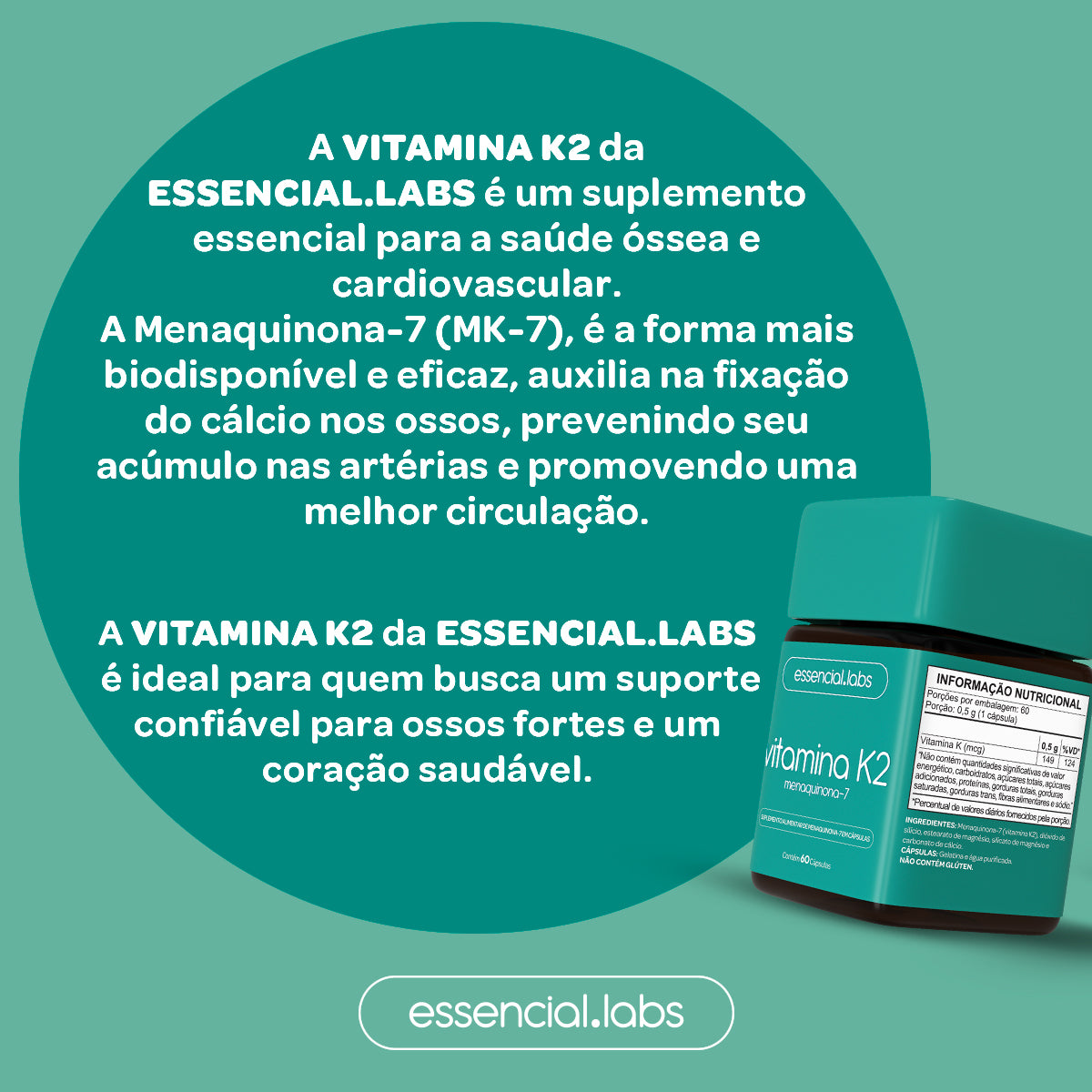 Vitamina K2 - Essencial Labs  -60 cápsulas