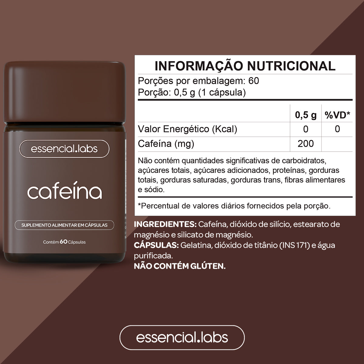 Cafeína - Essencial Labs - 60 cápsulas
