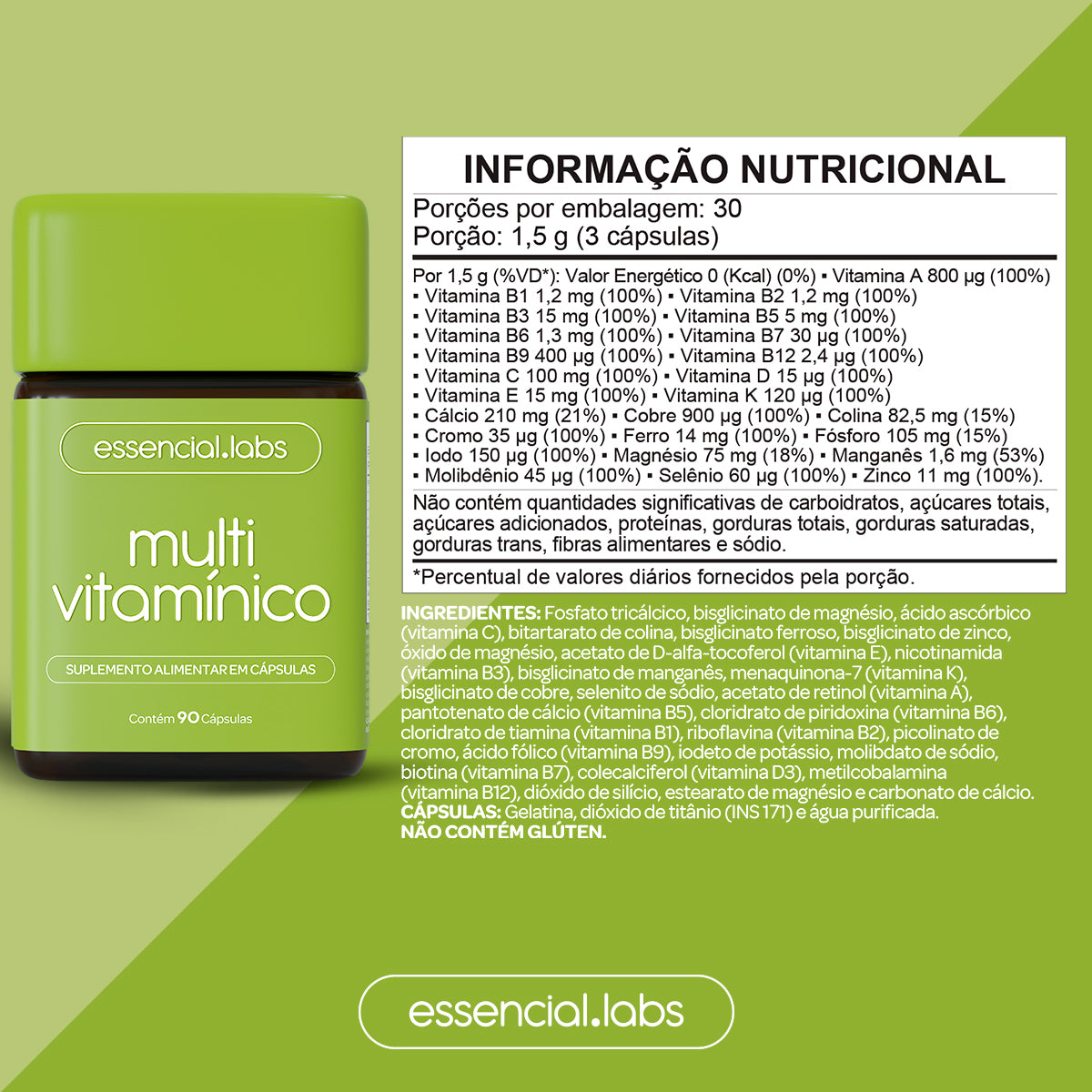 Multivitaminico de A a Zinco - Essencial Labs - 90 cápsulas