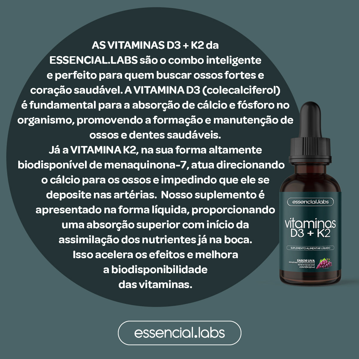 Vitaminas D3 + K2 - Essencial Labs - 30ml