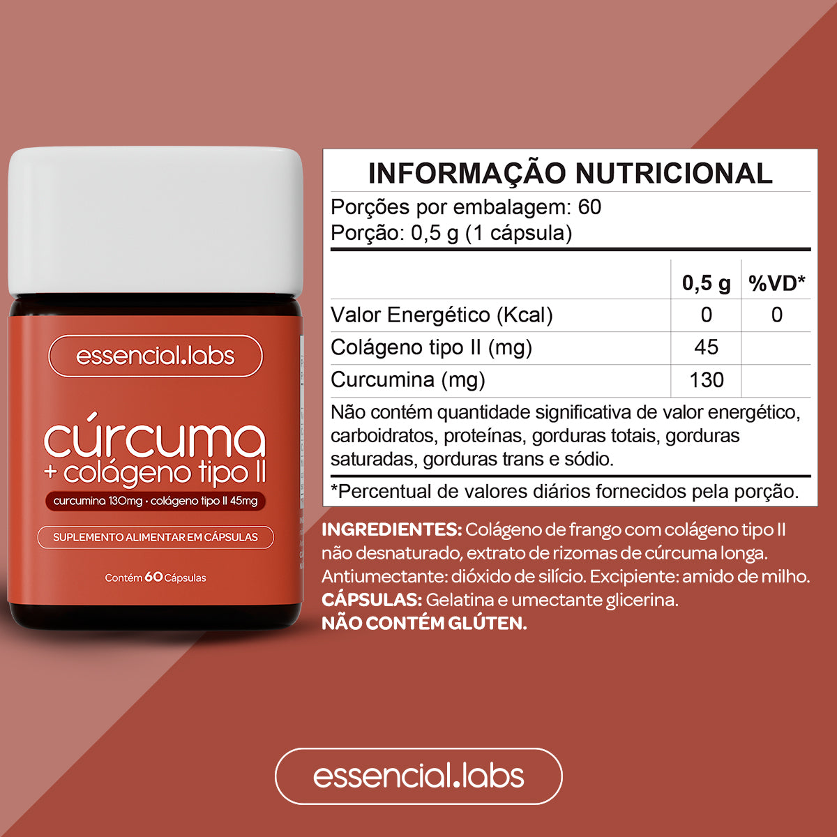 Cúrcuma + Colágeno Tipo II - Essencial Labs - 60 cápsulas