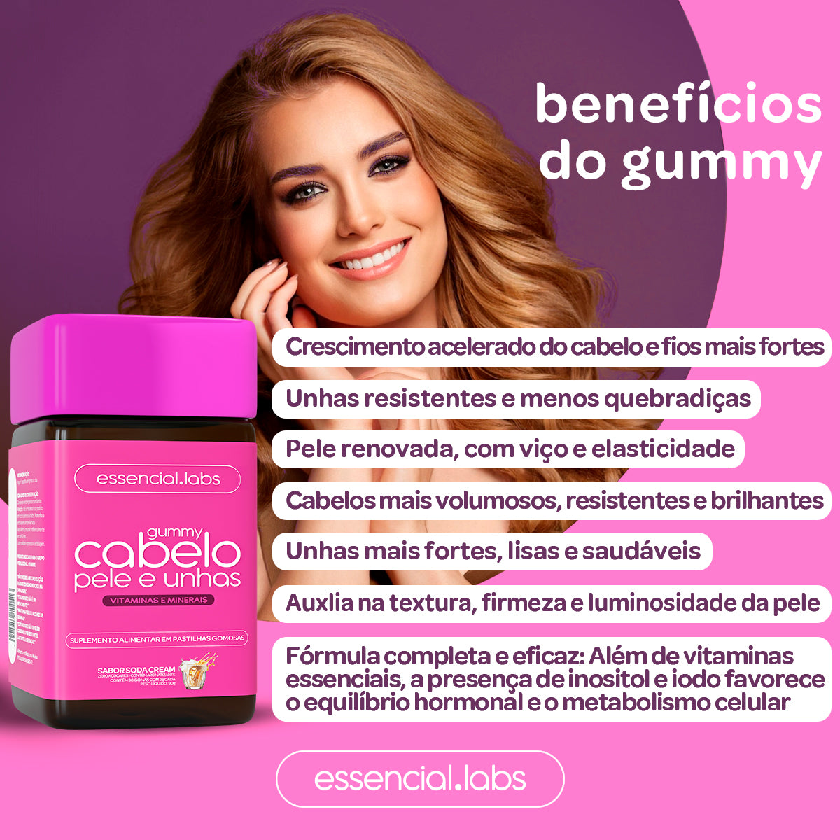Gummy Cabelo, Pele e Unhas - Essencial Labs - Sabor Soda Cream
