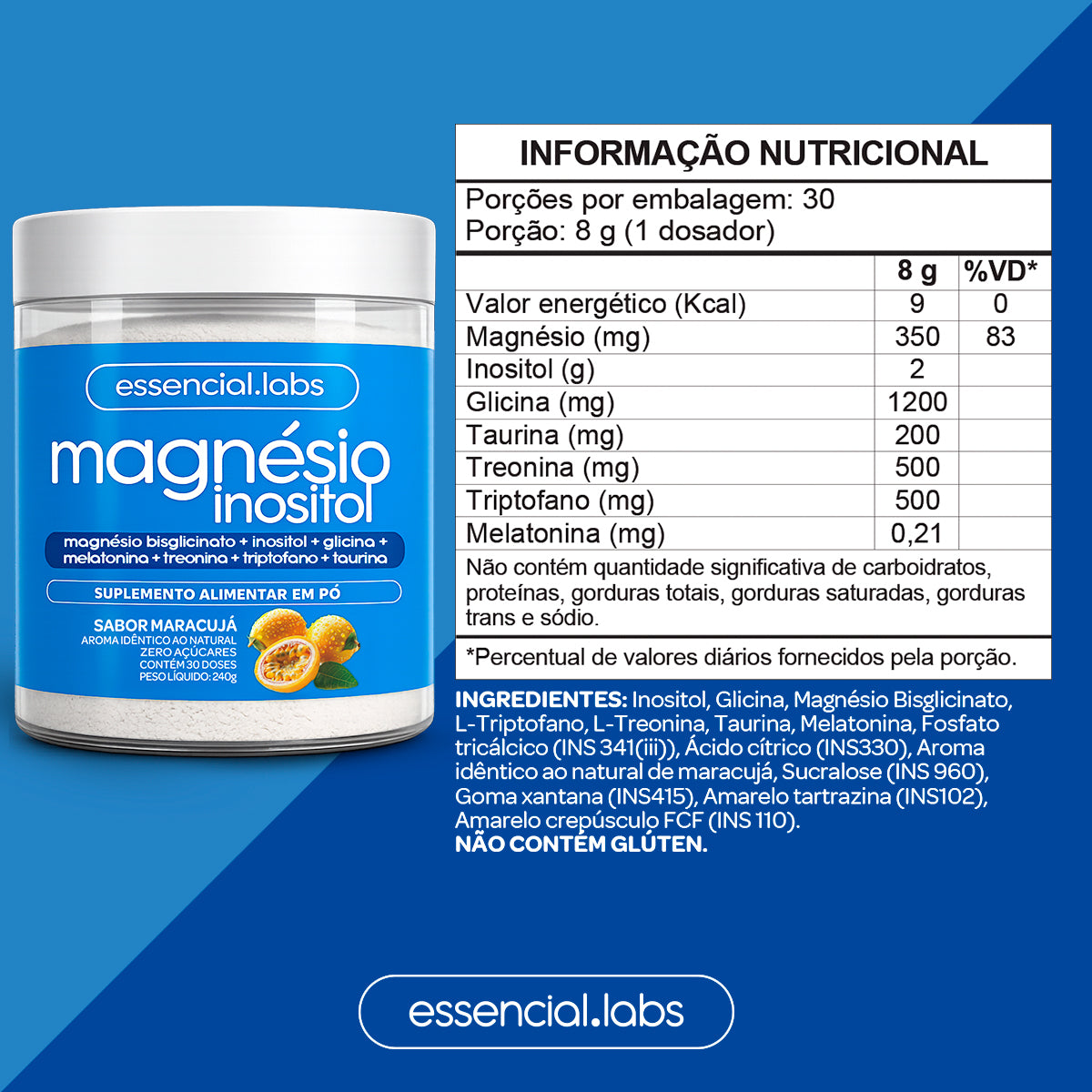 Magnésio Inositol Sabor Maracujá - Essencial Labs - 240g