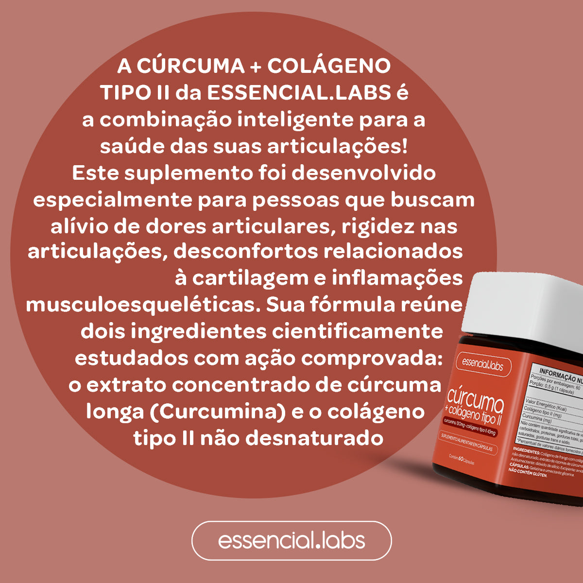 Cúrcuma + Colágeno Tipo II - Essencial Labs - 60 cápsulas