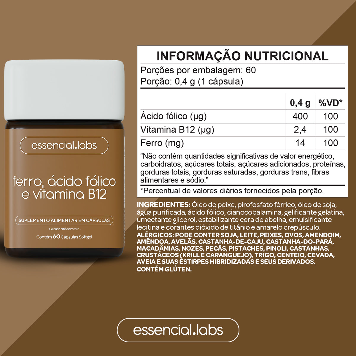 Ferro com Ácido Fólico e Vitamina B12 - Essencial Labs - 60 Cápsulas Softgel