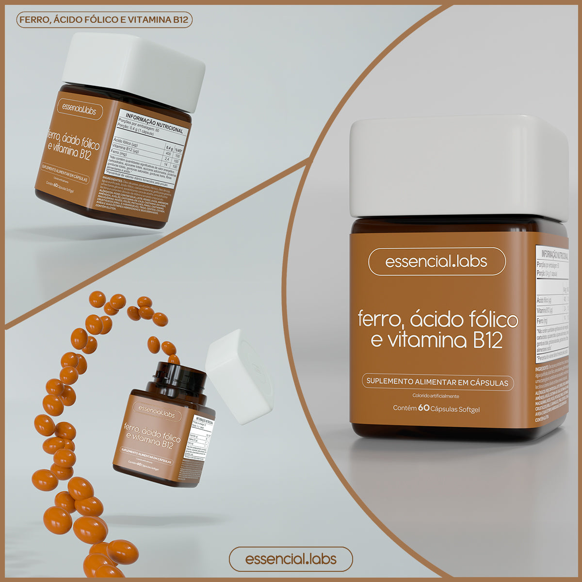 Ferro com Ácido Fólico e Vitamina B12 - Essencial Labs - 60 Cápsulas Softgel