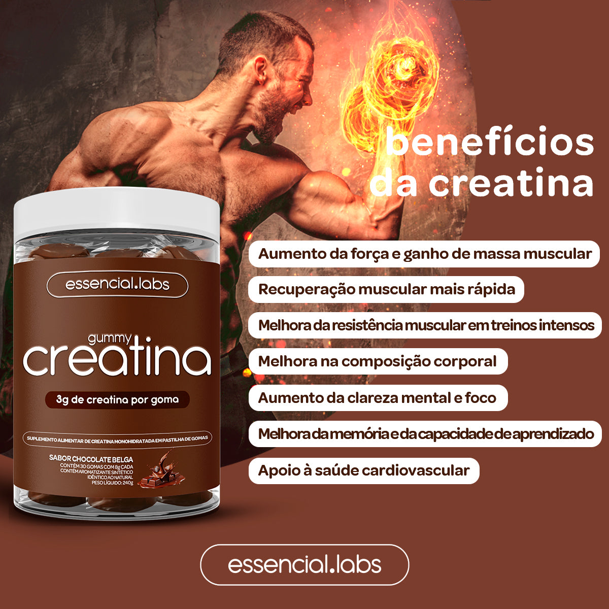 Gummy Creatina - Essencial Labs - Sabor Chocolate Belga
