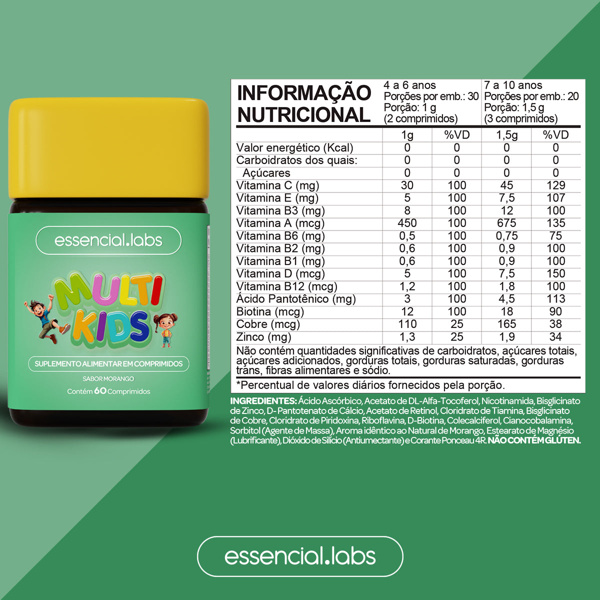 Multi Kids de A a Zinco - Essencial Labs - 60 comprimidos