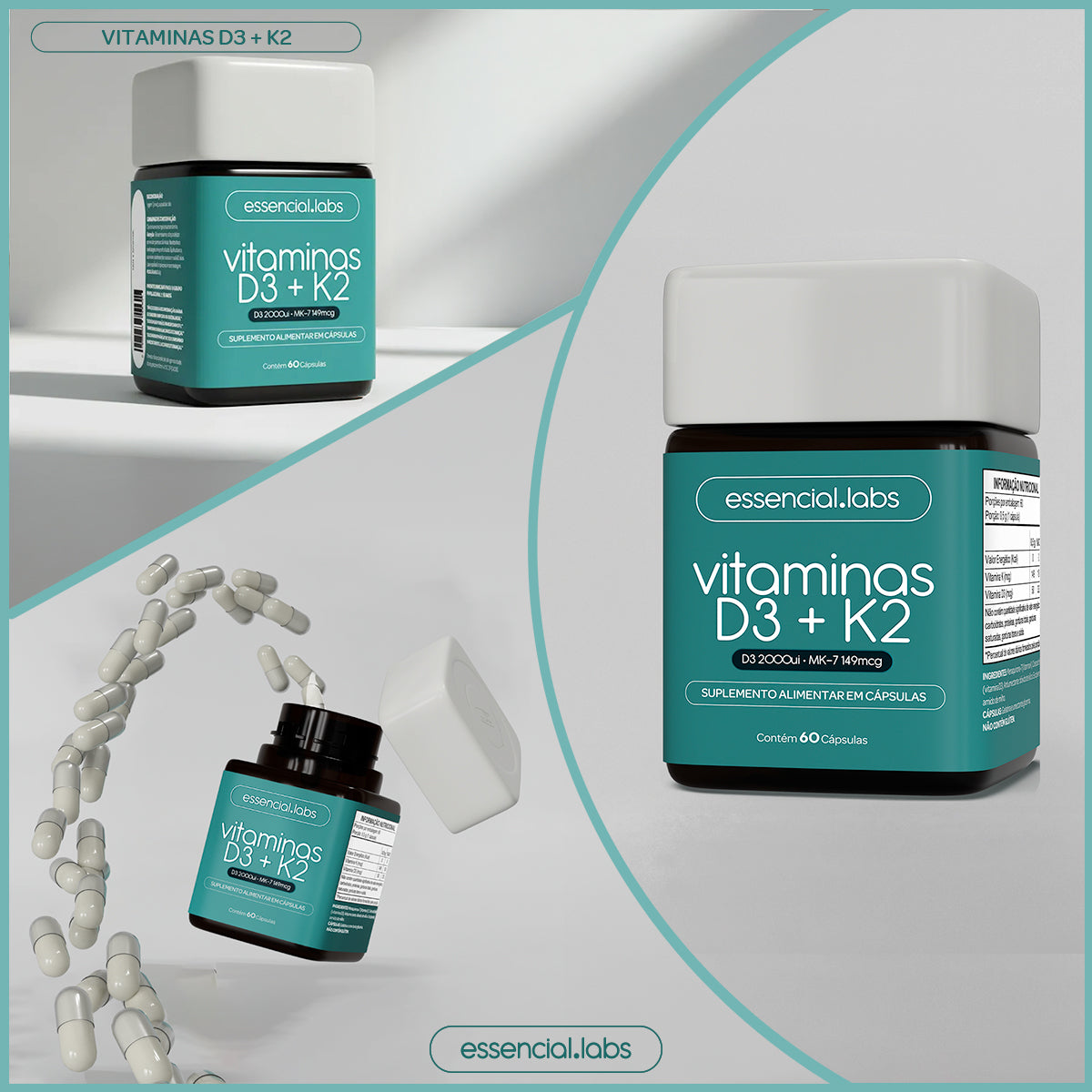 Vitaminas D3 + K2 - Essencial Labs - 60 cápsulas
