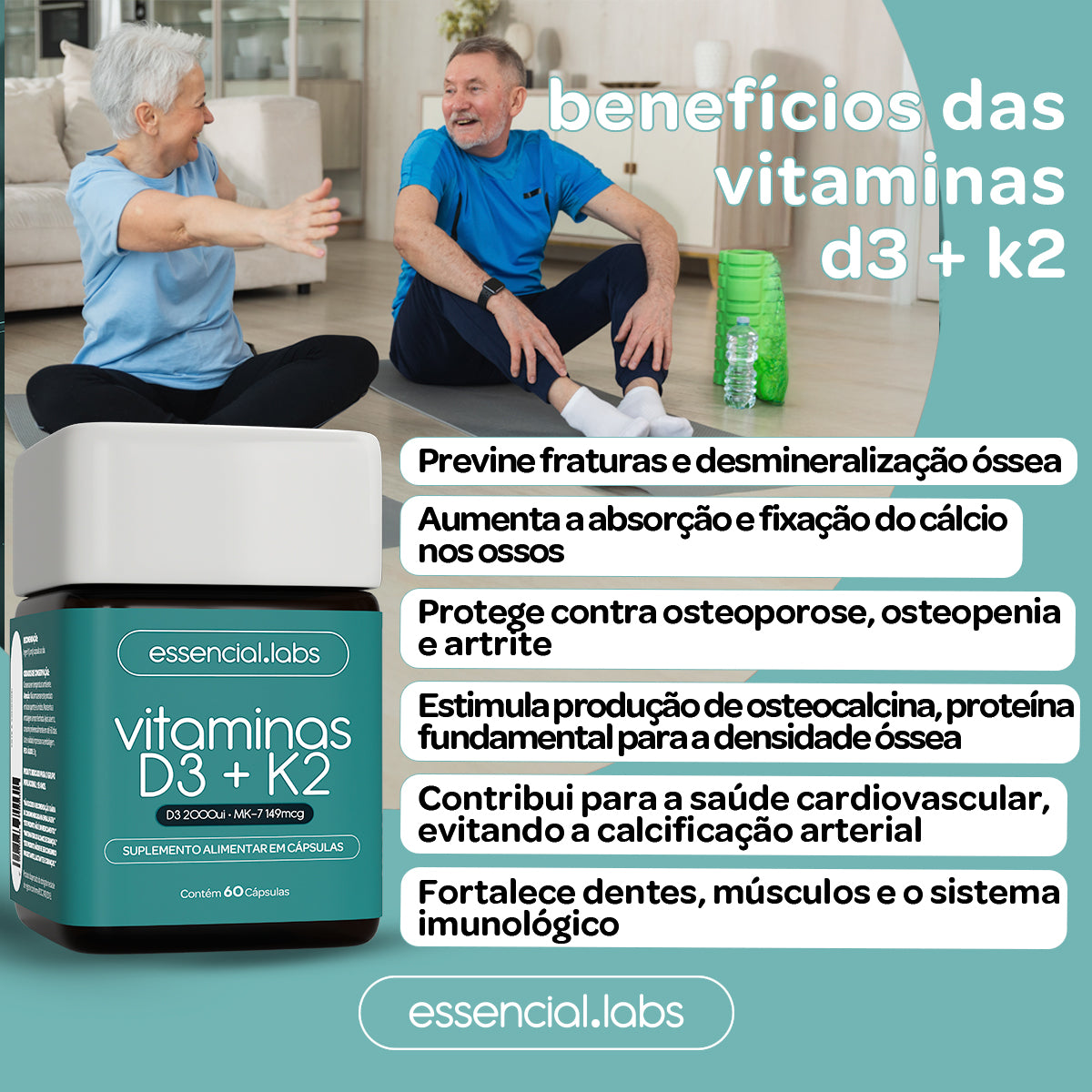 Vitaminas D3 + K2 - Essencial Labs - 60 cápsulas