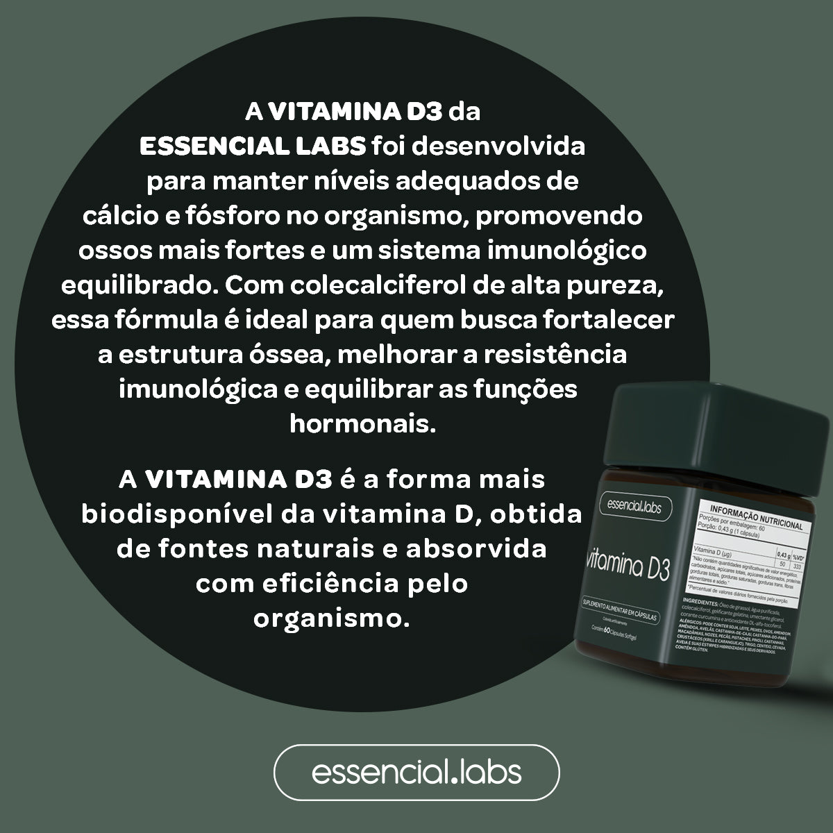 Vitamina D3 - Essencial Labs - 60 Cápsulas Softgel