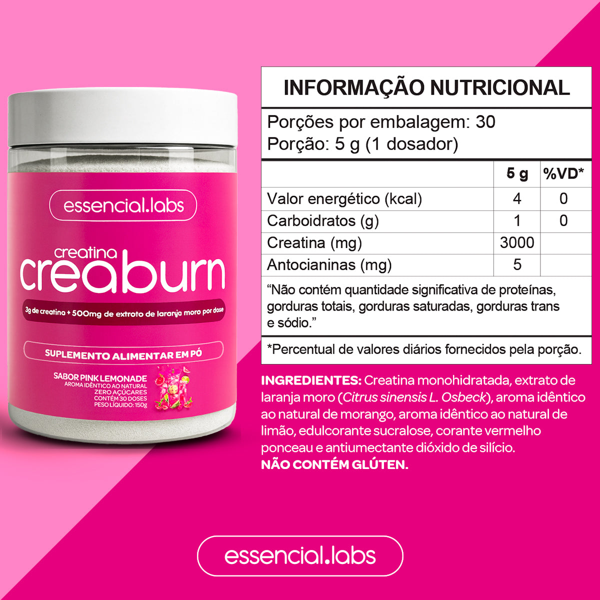 Creaburn Sabor Pink Lemonade - Essencial Labs - 150g