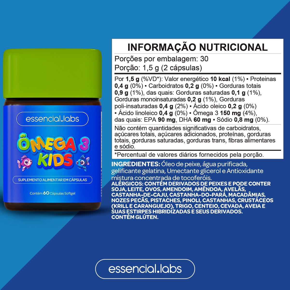 Ômega 3 Kids - Essencial Labs - 60 cápsulas Softgel