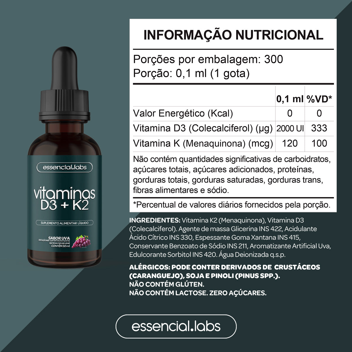 Vitaminas D3 + K2 - Essencial Labs - 30ml