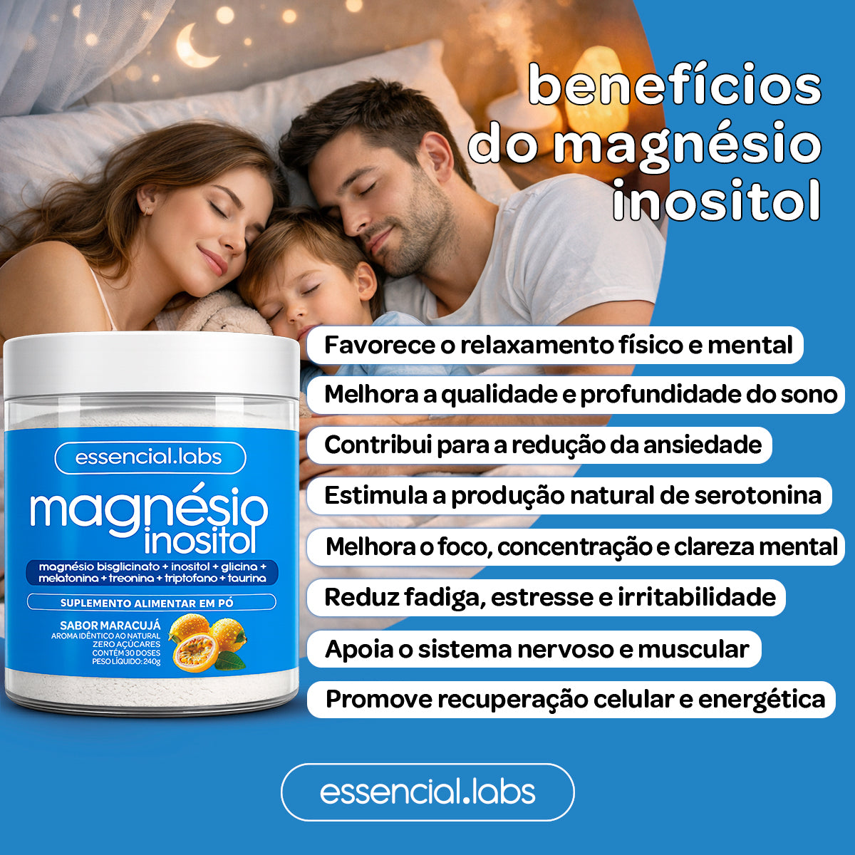 Magnésio Inositol Sabor Maracujá - Essencial Labs - 240g
