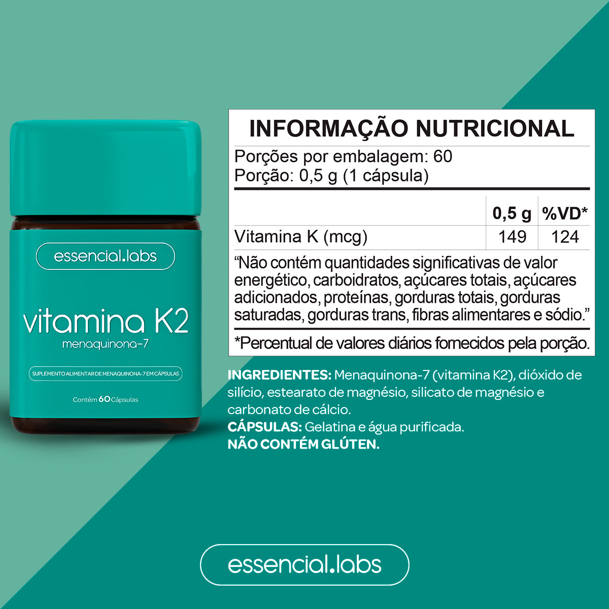 Vitamina K2 - Essencial Labs  -60 cápsulas