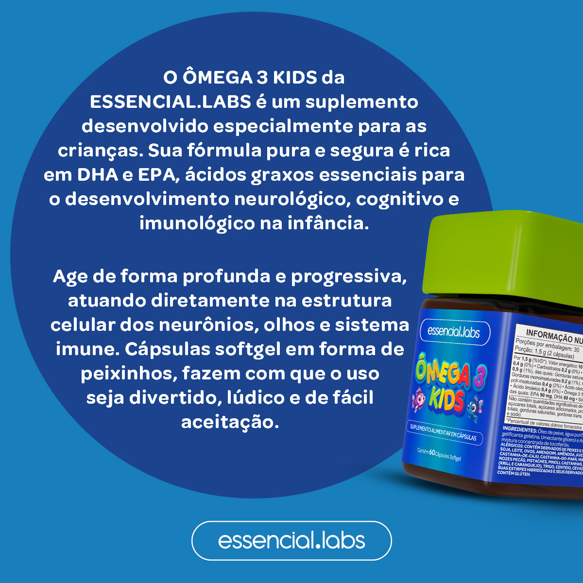 Ômega 3 Kids - Essencial Labs - 60 cápsulas Softgel