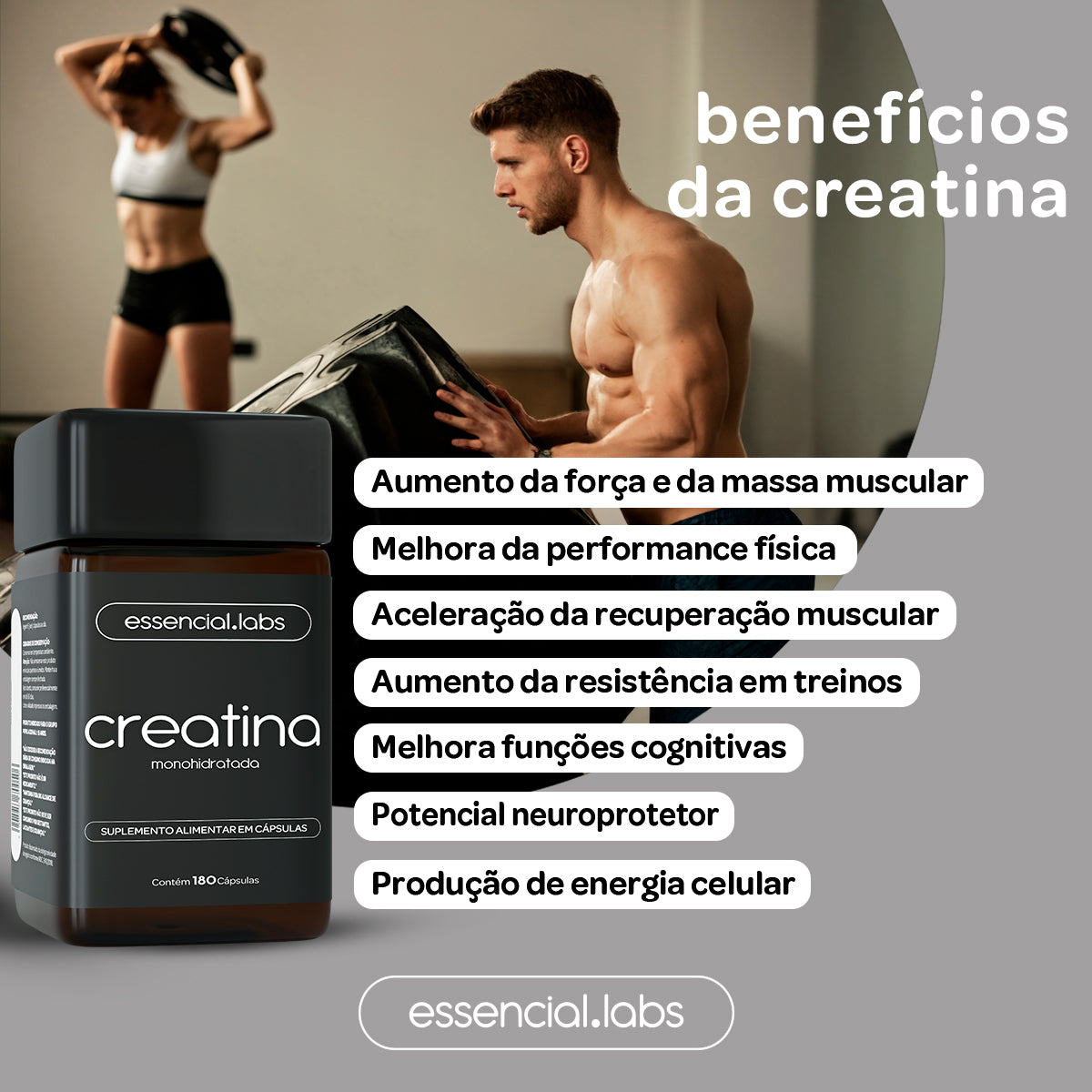 Creatina Monohidratada - Essencial Labs - 180 cápsulas