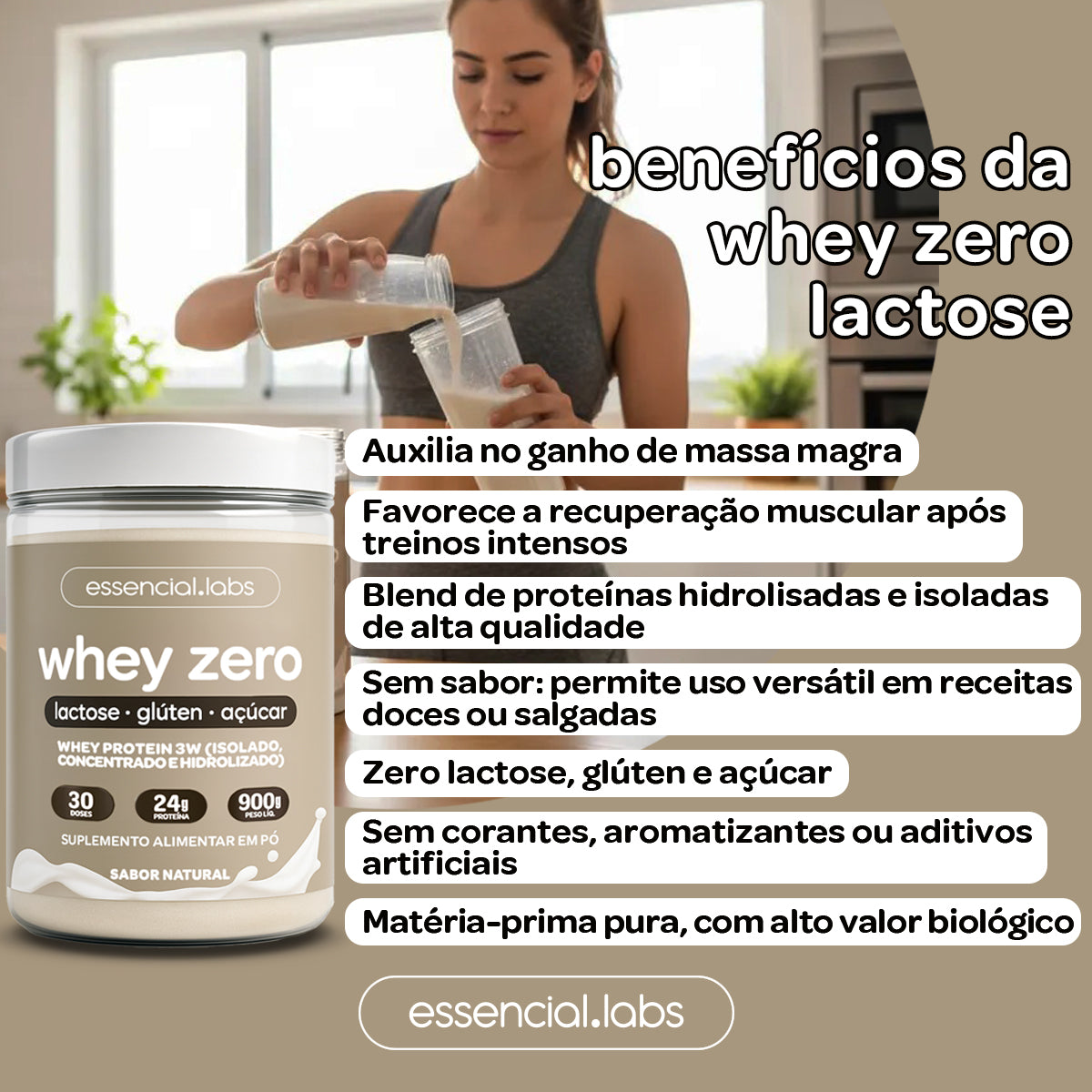 Whey Protein Zero Lactose - Essencial Labs - 900g