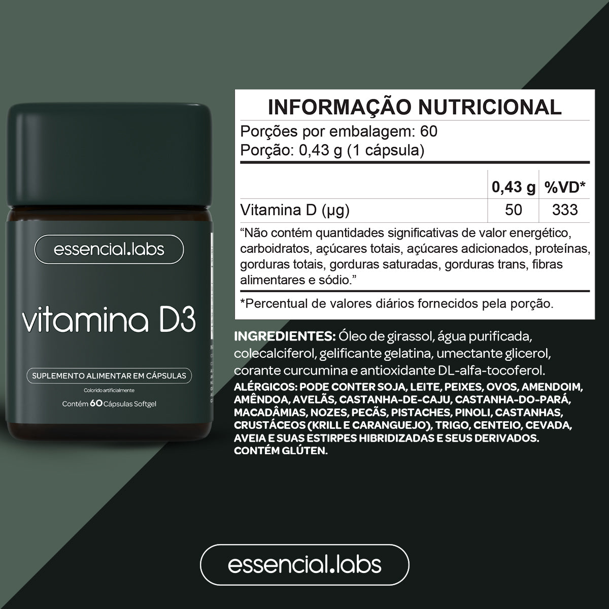 Vitamina D3 - Essencial Labs - 60 Cápsulas Softgel