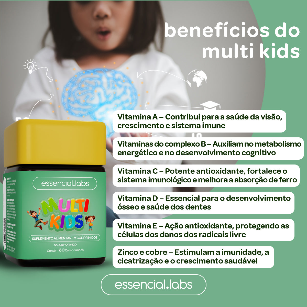 Multi Kids de A a Zinco - Essencial Labs - 60 comprimidos