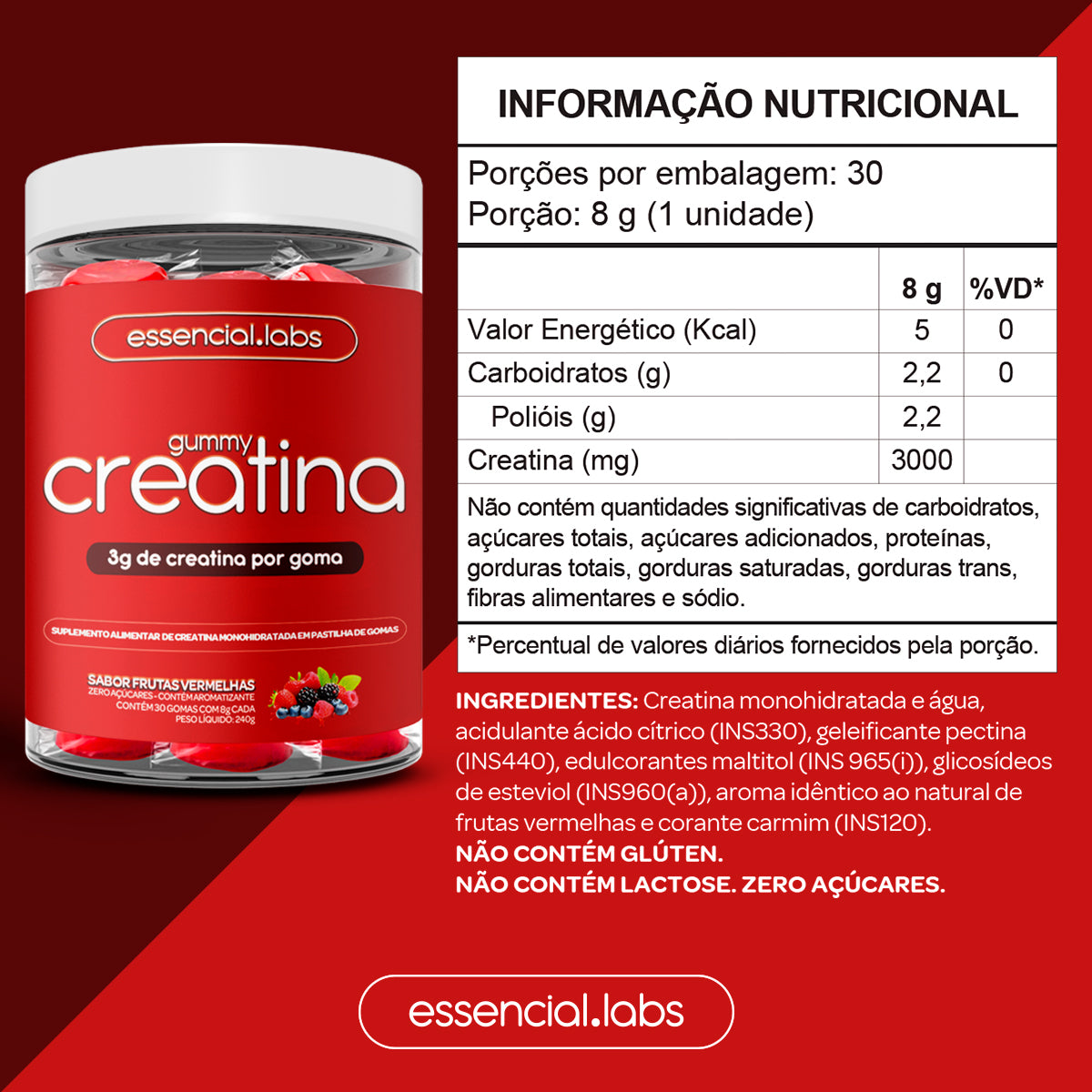 Gummy Creatina - Essencial Labs - Sabor Frutas Vermelhas