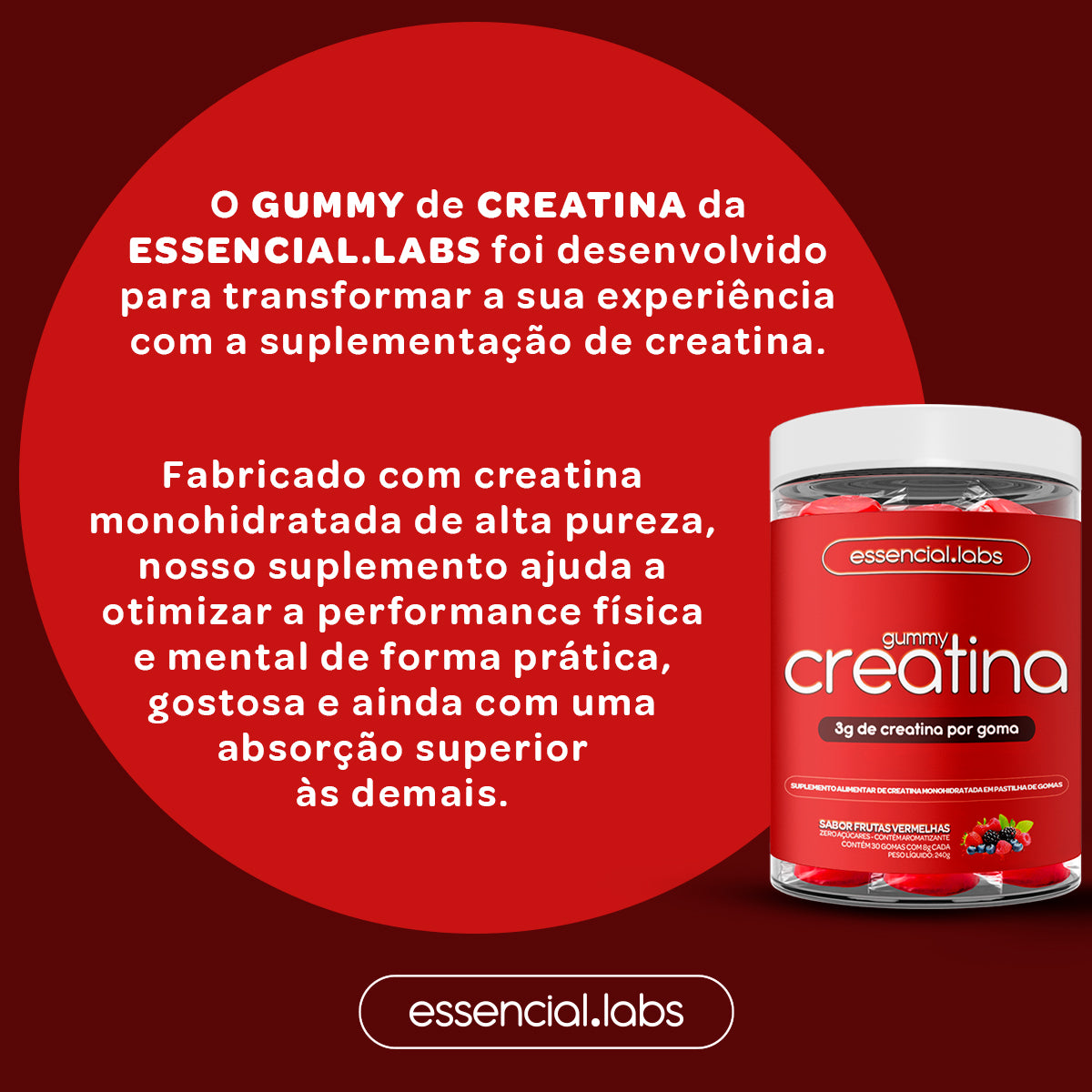 Gummy Creatina - Essencial Labs - Sabor Frutas Vermelhas