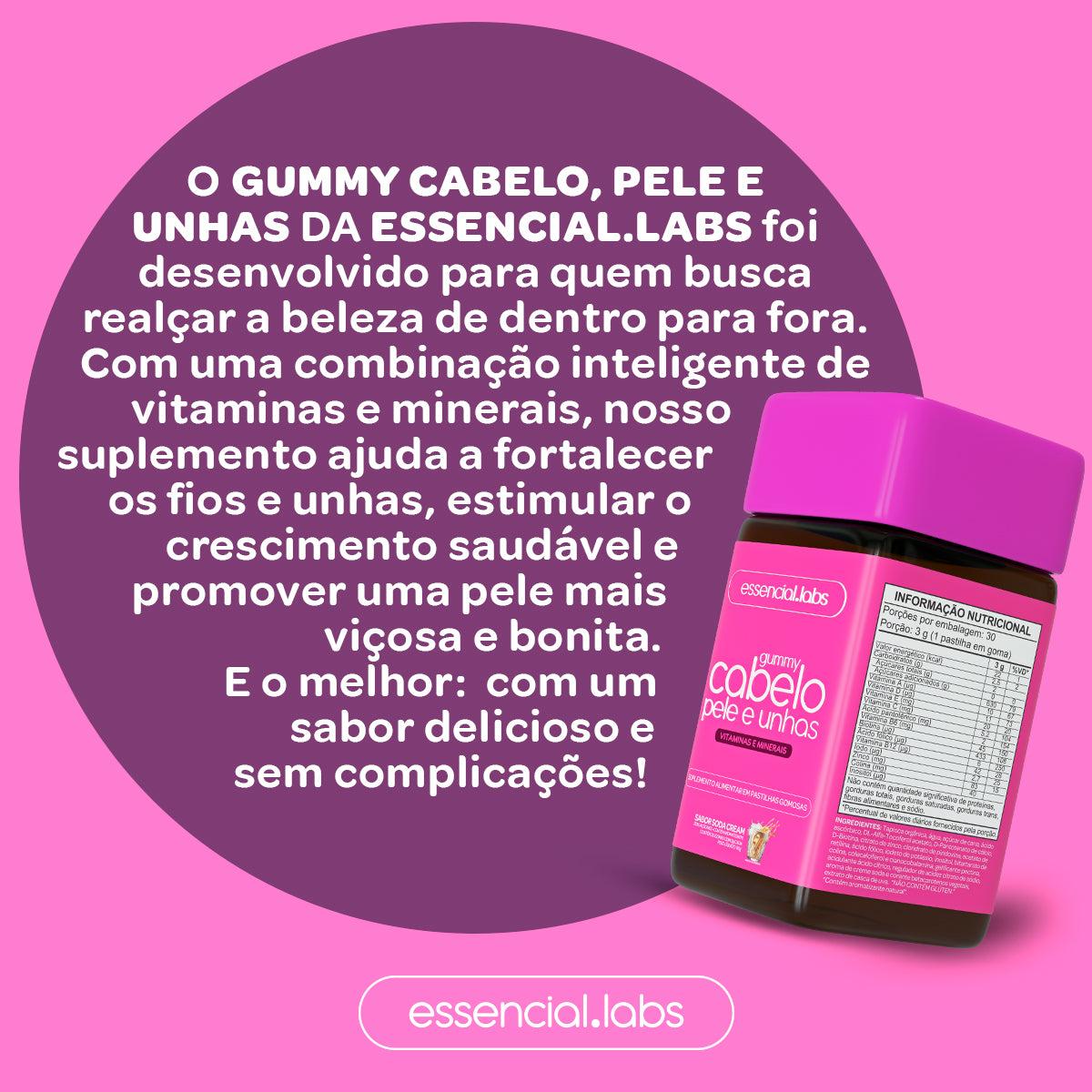 Gummy Cabelo, Pele e Unhas - Essencial Labs - Sabor Soda Cream