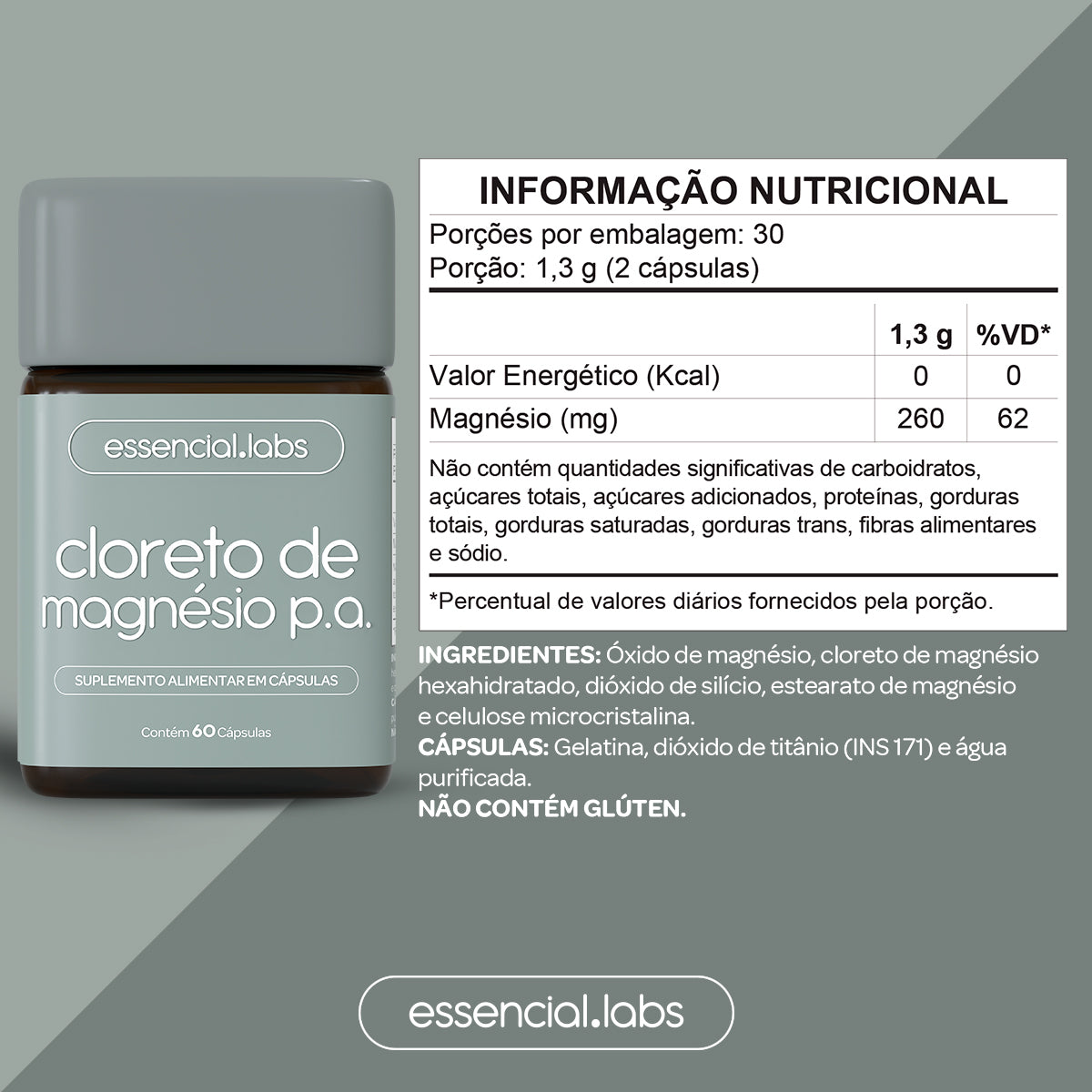 Cloreto de Magnésio P.A. - Essencial Labs - 60 cápsulas