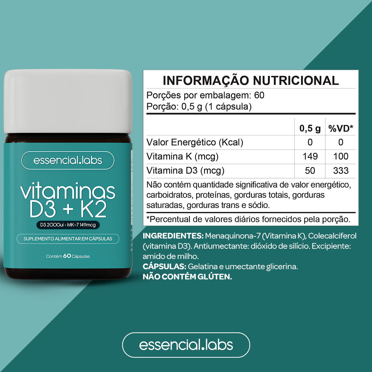 Vitaminas D3 + K2 - Essencial Labs - 60 cápsulas