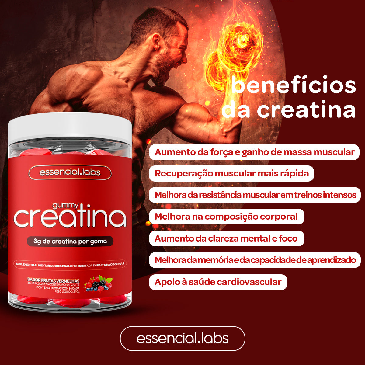 Gummy Creatina - Essencial Labs - Sabor Frutas Vermelhas