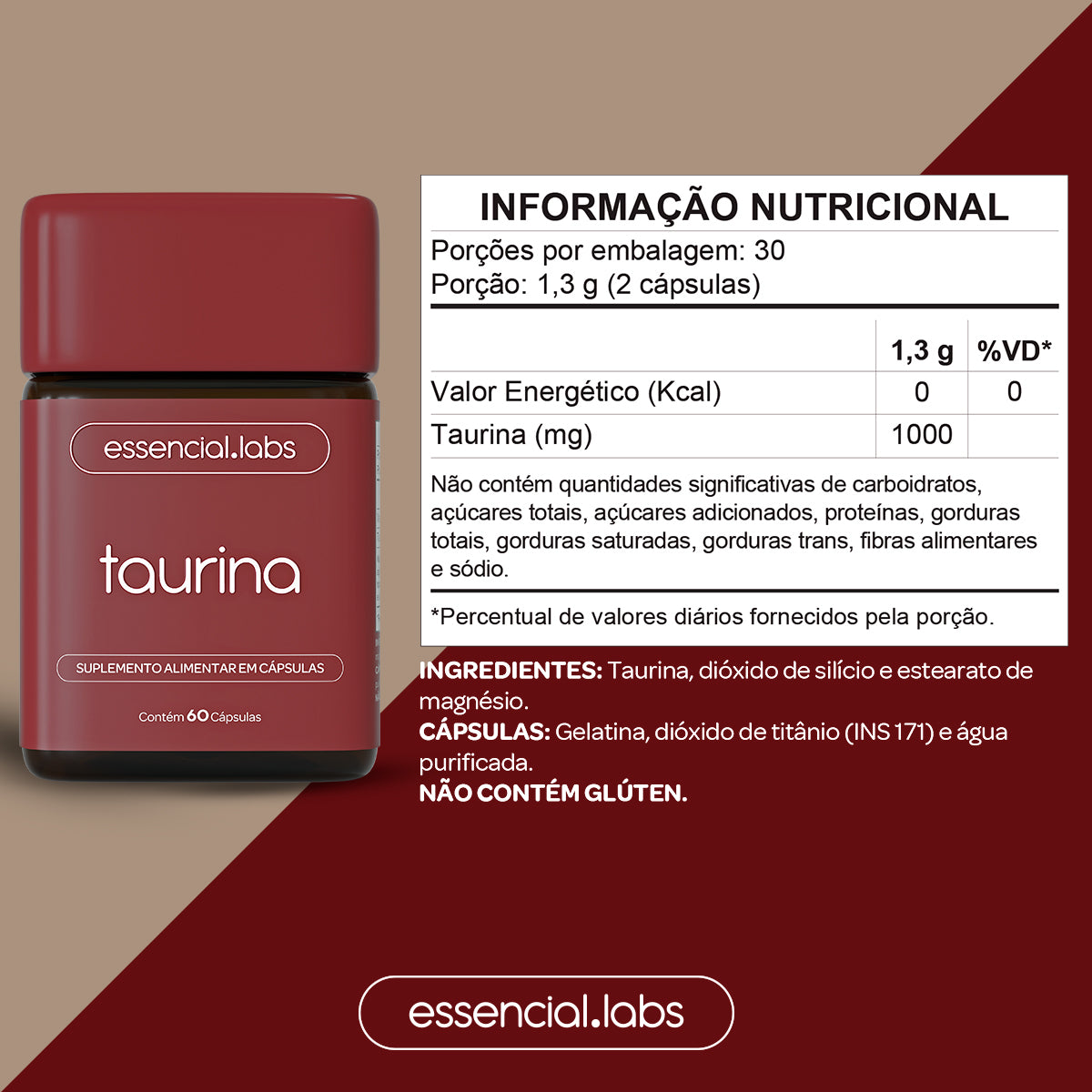Taurina - Essencial Labs - 60 cápsulas