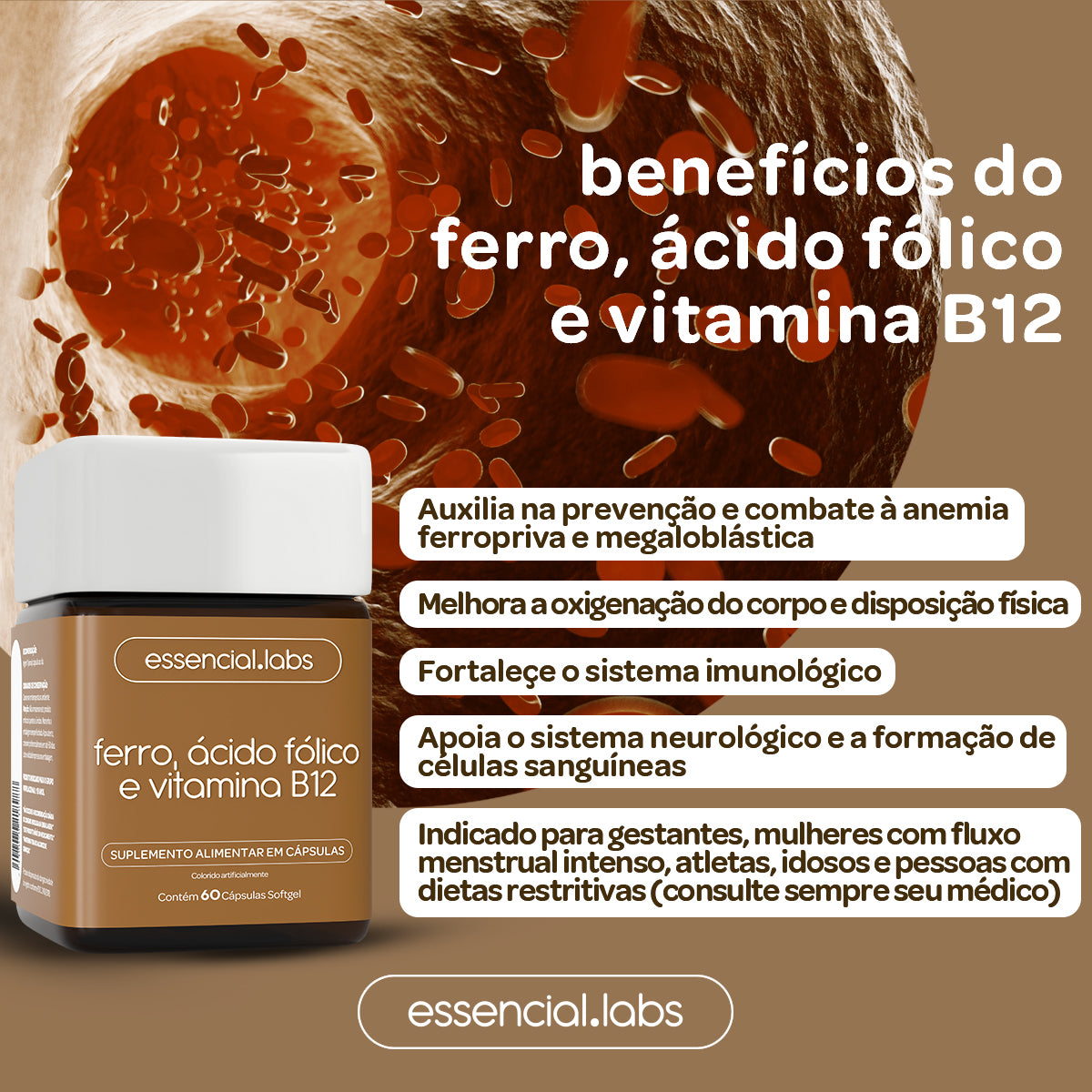 Ferro com Ácido Fólico e Vitamina B12 - Essencial Labs - 60 Cápsulas Softgel