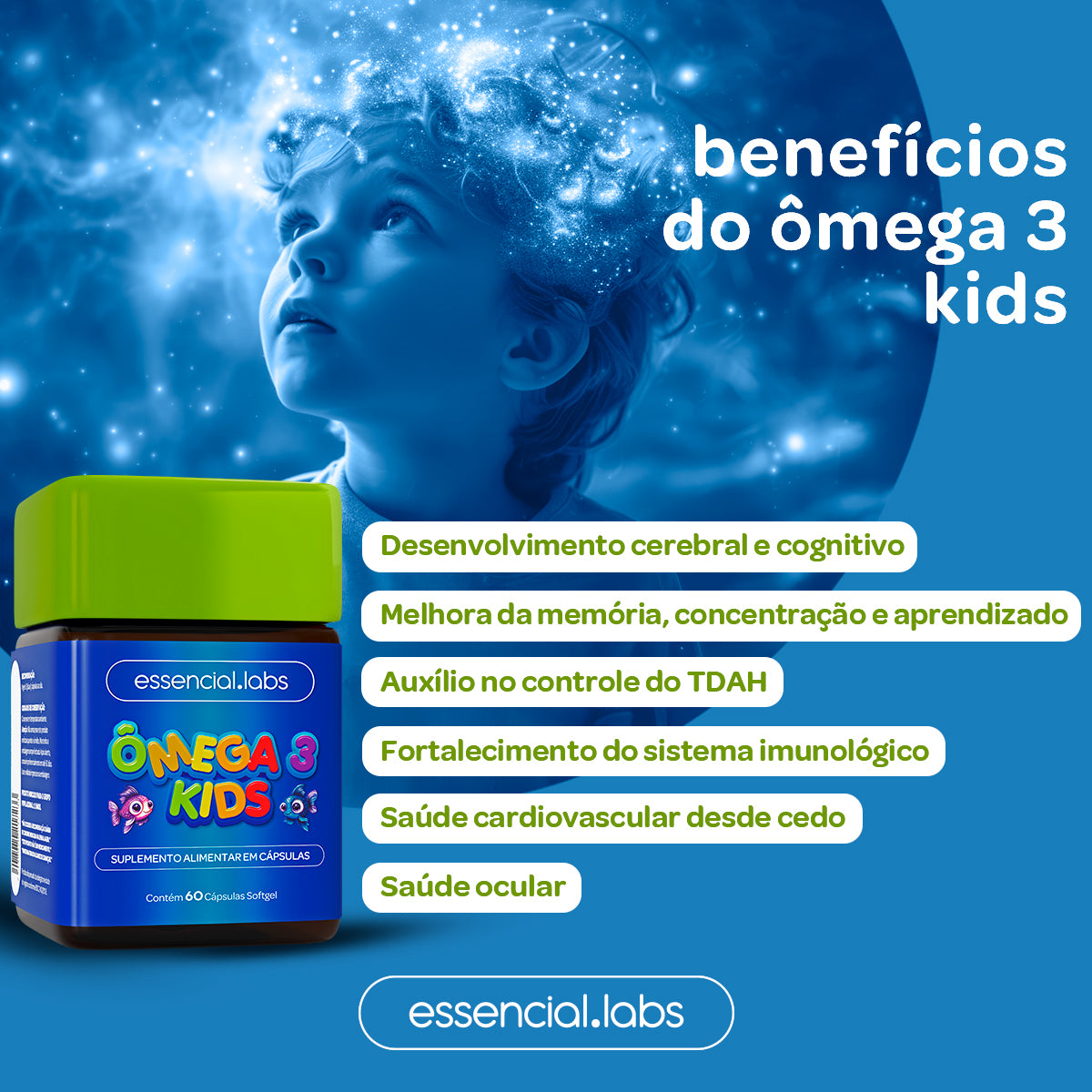 Ômega 3 Kids - Essencial Labs - 60 cápsulas Softgel