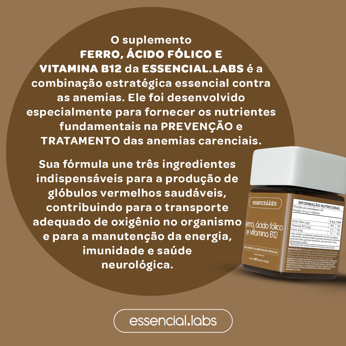 Ferro com Ácido Fólico e Vitamina B12 - Essencial Labs - 60 Cápsulas Softgel