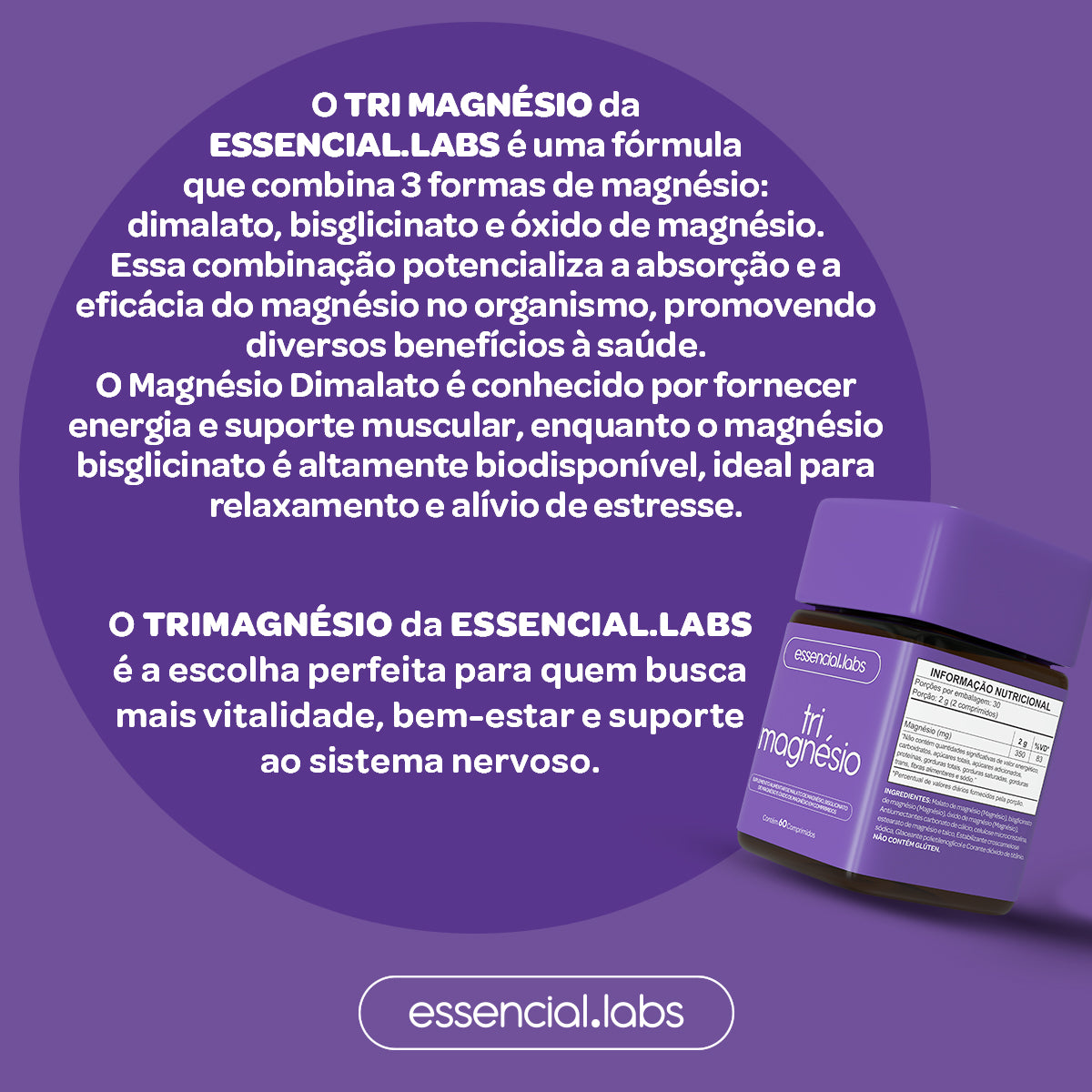Tri Magnésio - Essencial Labs - 60 comprimidos