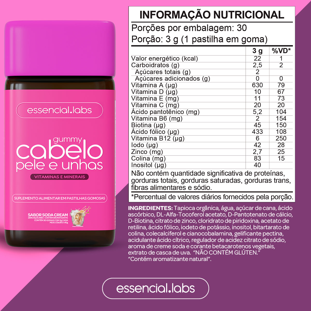 Gummy Cabelo, Pele e Unhas - Essencial Labs - Sabor Soda Cream