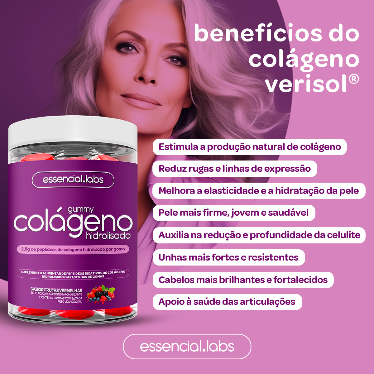 Gummy Colágeno - Essencial Labs - Sabor Frutas Vermelhas