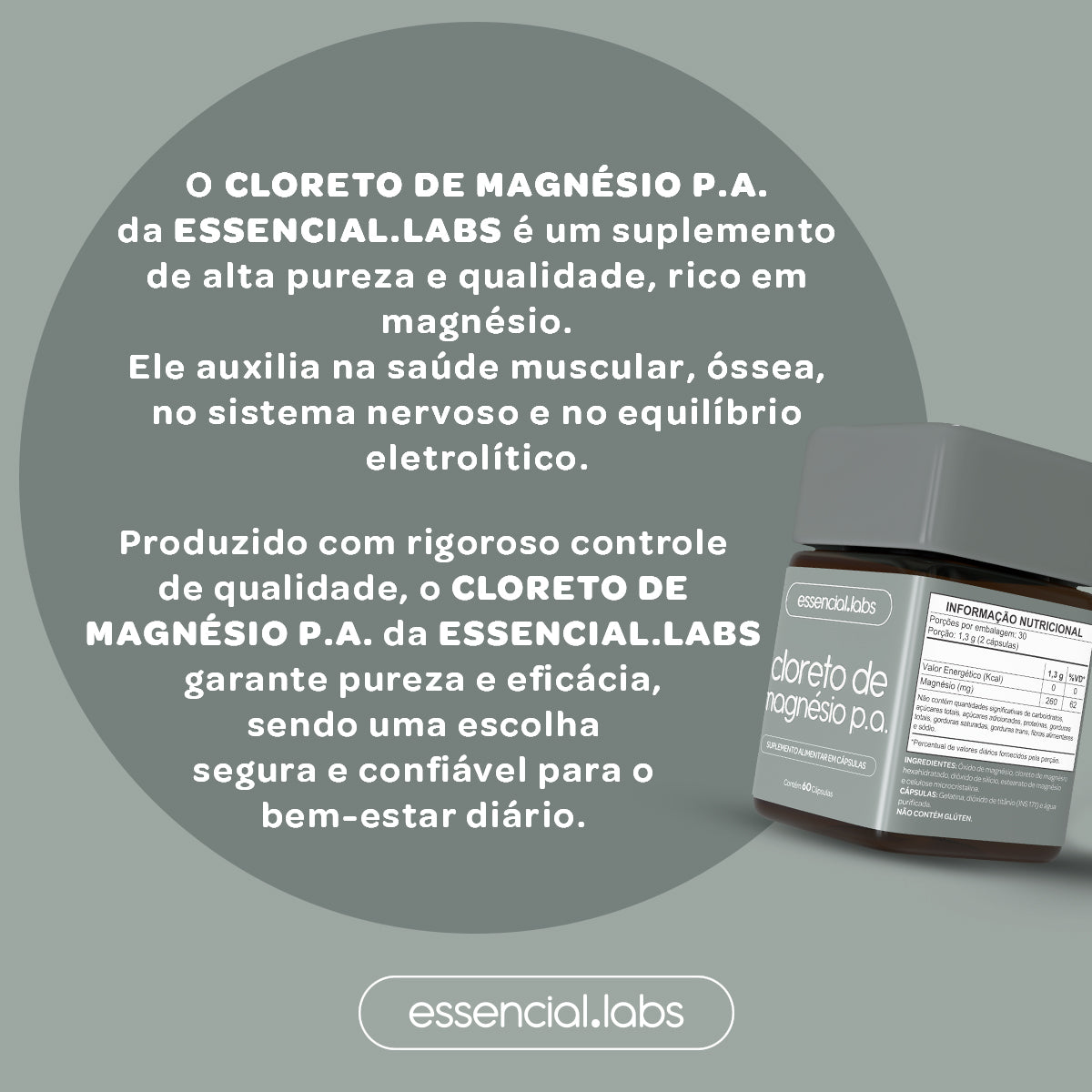Cloreto de Magnésio P.A. - Essencial Labs - 60 cápsulas
